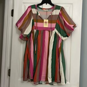 Entro, striped babydoll dress. Puff sleeves. New with tags